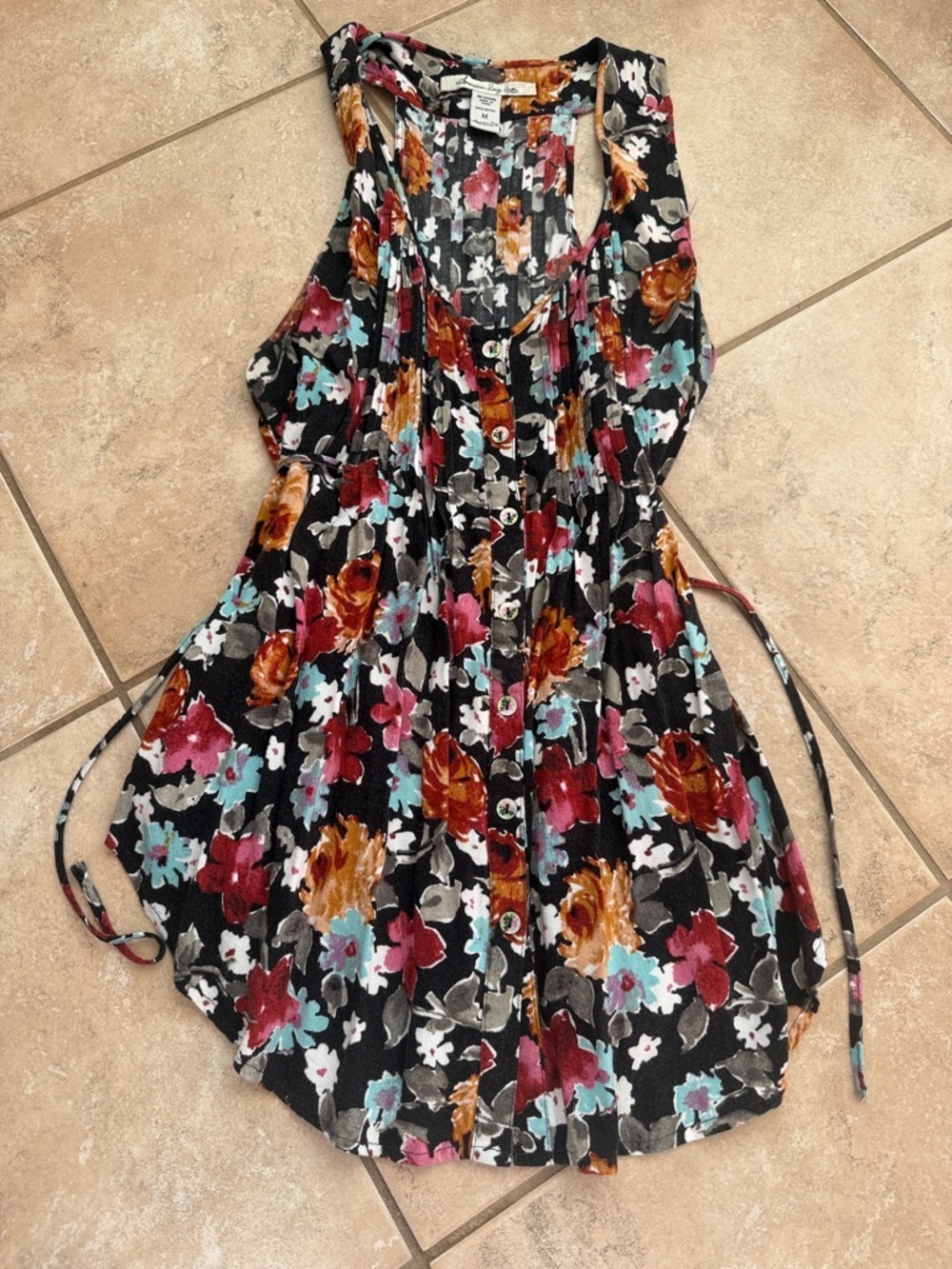 American Rag Black Floral Button-Front Tank
